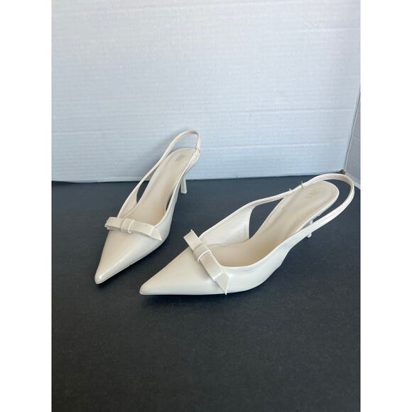 NWOT ZARA Cream Pointed Toe SlipOn Slingback Front Bow High Heel Pump Shoe Sz 10 - Picture 1 of 12